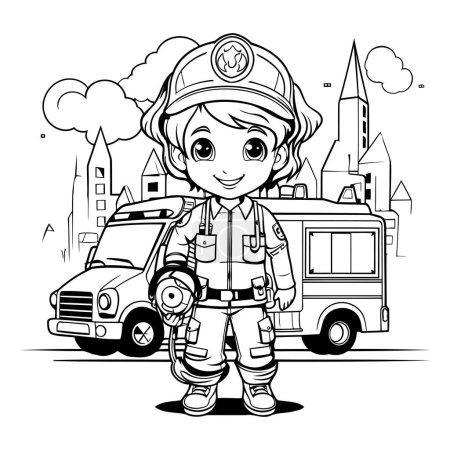 Ilustración de Ilustración vectorial en blanco y negro de un bombero parado frente a un camión de bomberos. - Imagen libre de derechos