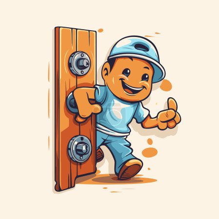 Illustration for Cartoon character of a boy playing with a wooden door. Vector illustration. - Royalty Free Image