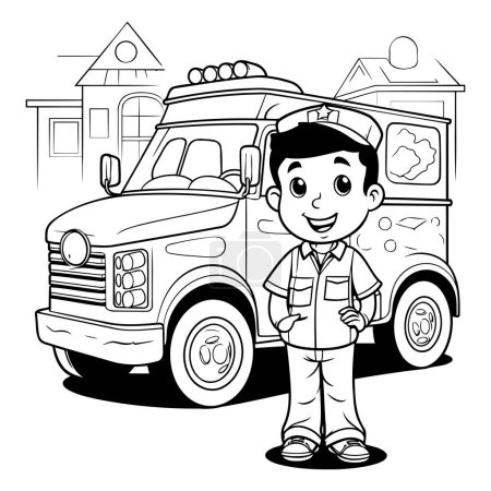 Téléchargez les illustrations : Dessin animé Illustration d'un enfant portant sa voiture ou son camion - en licence libre de droit