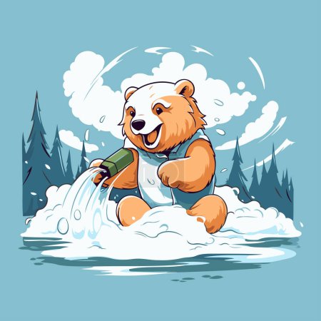 Téléchargez les illustrations : Illustration vectorielle d'un ours mignon avec un seau d'eau dans la forêt - en licence libre de droit