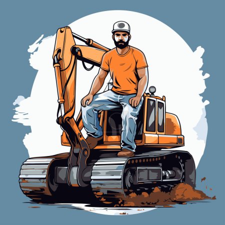 Ilustración de Trabajador con excavadora. Ilustración vectorial de un trabajador de la construcción. - Imagen libre de derechos