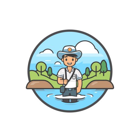 Ilustración de Pescador con caña en el río. Ilustración vectorial en estilo plano - Imagen libre de derechos