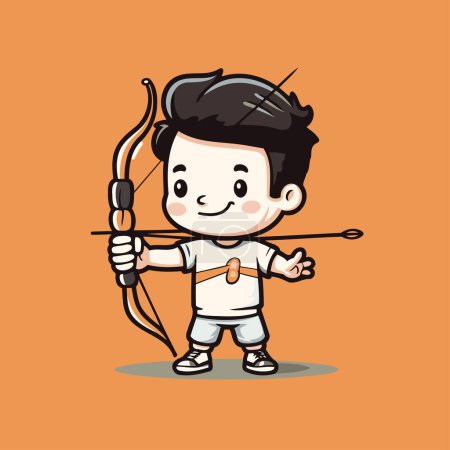 Illustration for Cute cartoon boy with bow and arrow. Vector illustration isolated on orange background. - Royalty Free Image