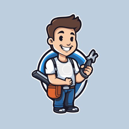 Illustration for Cartoon mechanic holding a spanner and wrench. Vector illustration. - Royalty Free Image