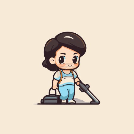 Illustration for Cute little girl cleaning floor with vacuum cleaner. Vector cartoon illustration. - Royalty Free Image