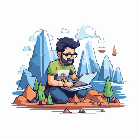 Téléchargez les illustrations : Hipster homme utilisant un ordinateur portable dans les montagnes. Illustration vectorielle. - en licence libre de droit