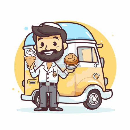 Illustration for Man with ice cream truck. Food delivery service. Vector illustration. - Royalty Free Image