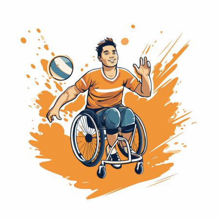 Illustration for Handicapped man in a wheelchair playing volleyball. vector illustration. - Royalty Free Image