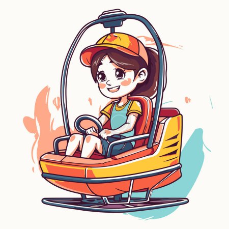 Illustration for Cute cartoon little girl driving a bumper car. Vector illustration. - Royalty Free Image