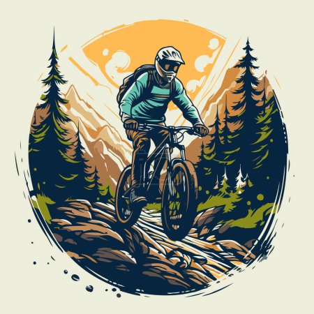 Illustration for Mountain biker rides through the forest. Vector illustration in retro style. - Royalty Free Image