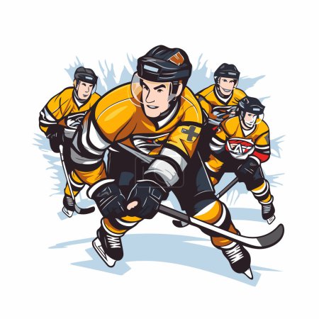 Ilustración de Hielo jugadores de hockey acción de dibujos animados vector gráfico deporte. Jugador de hockey sobre hielo con el palo - Imagen libre de derechos