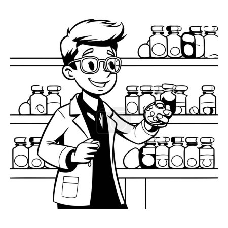 Illustration for Vector illustration of a pharmacist in a drugstore. Black and white style. - Royalty Free Image
