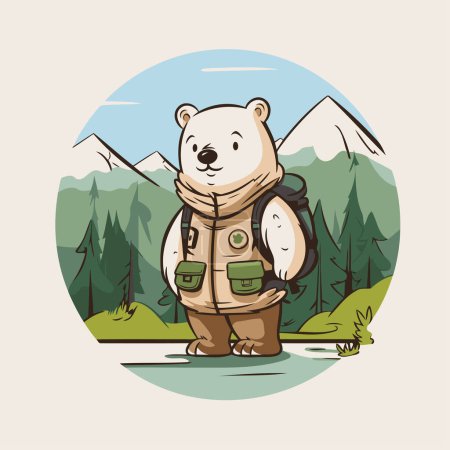 Ilustración de Oso polar con una mochila en el bosque. Ilustración vectorial. - Imagen libre de derechos