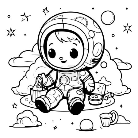 Illustration for Cute little astronaut sitting on the cloud and eating popcorn. Coloring book for children - Royalty Free Image