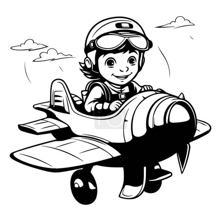 Illustration for Little boy flying in airplane. Black and white vector illustration for children. - Royalty Free Image