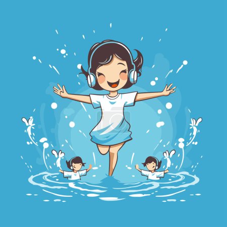 Téléchargez les illustrations : Fille heureuse dans les écouteurs sautant dans l'eau avec les enfants. Illustration vectorielle. - en licence libre de droit