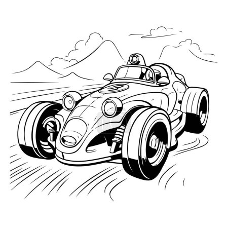 Téléchargez les illustrations : Illustration d'une voiture de sport vintage sur fond de montagnes. - en licence libre de droit