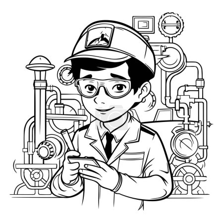 Illustration for Black and White Cartoon Illustration of Industrial Engineer or Technician Character Wearing Glasses Holding a Spanner - Royalty Free Image