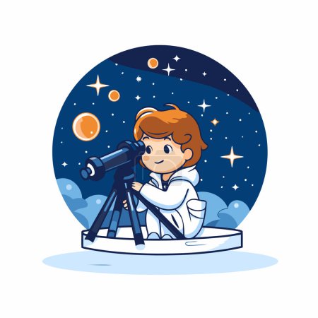 Ilustración de Lindo niño mirando a través de un telescopio. Ilustración vectorial en estilo de dibujos animados. - Imagen libre de derechos