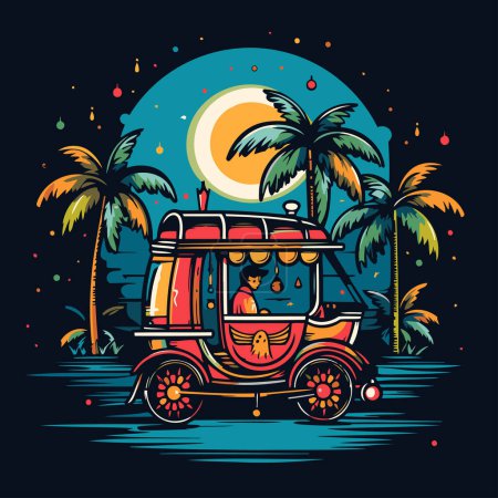 Tuk Tuk on the beach with palm trees. Vector illustration.