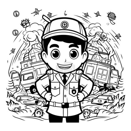 Ilustración de Ilustración de dibujos animados en blanco y negro de Boy Scout o libro para colorear de personaje de bombero - Imagen libre de derechos