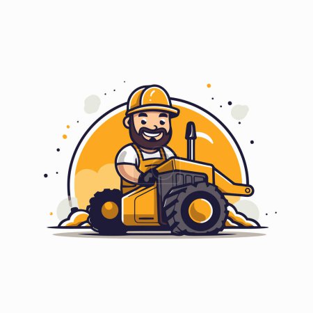 Illustration for Worker in helmet with tractor. Vector illustration in flat style. - Royalty Free Image