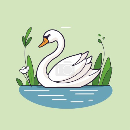 Téléchargez les illustrations : Cygne animal dans l'eau avec des plantes vectorielles illustration eps 10 - en licence libre de droit