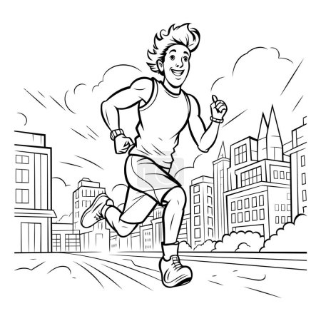 Illustration for Running man on city street. Black and white vector illustration for coloring book. - Royalty Free Image
