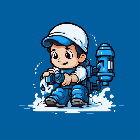 Illustration for Cute little boy playing with water gun. Vector cartoon illustration. - Royalty Free Image