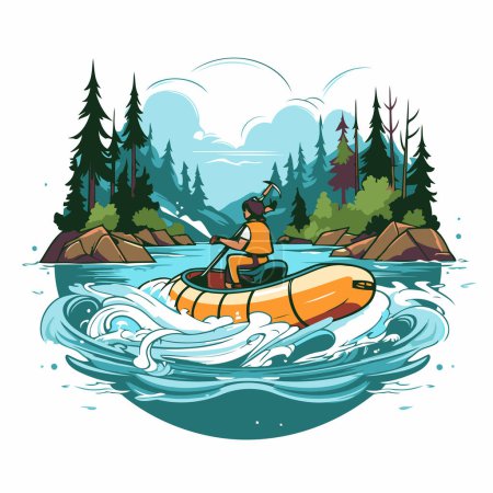 Ilustración de Ilustración vectorial de un hombre remando un kayak en el bosque - Imagen libre de derechos