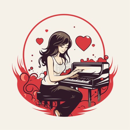 Téléchargez les illustrations : Belle fille jouant du piano. illustration vectorielle dans un style rétro. - en licence libre de droit