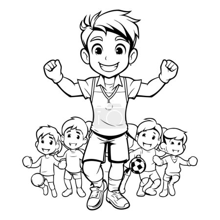 Téléchargez les illustrations : Joueur de football avec groupe d'enfants dessin animé vectoriel isolé illustration conception graphique - en licence libre de droit