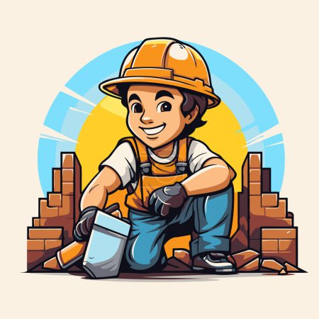 Illustration for Cartoon construction worker with tools. Vector illustration in cartoon style. - Royalty Free Image