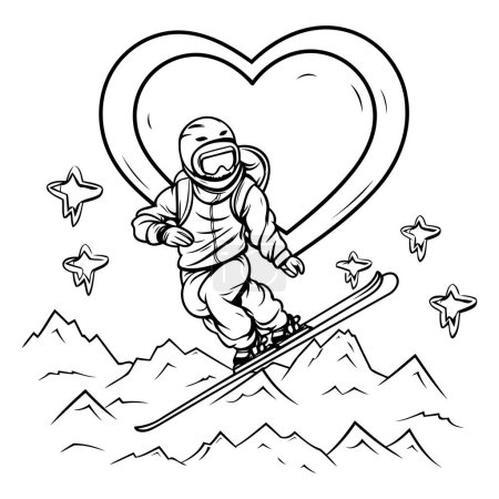 Illustration for Skiing man with heart in the sky. Vector illustration. - Royalty Free Image