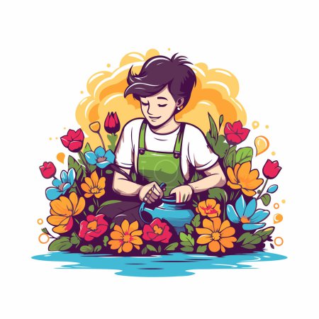 Illustration for Gardener watering flowers with a watering can. Vector illustration. - Royalty Free Image