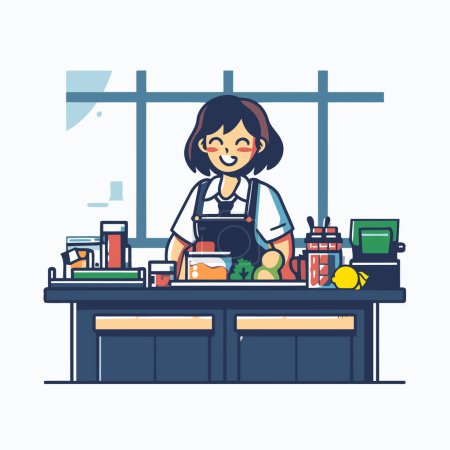 Illustration for Vector illustration of a girl in apron working in a cafe. - Royalty Free Image
