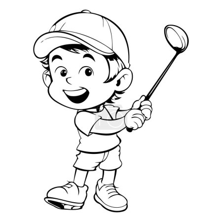 Illustration for Illustration of a Kid Boy Playing Golf - Black and White Cartoon Style - Royalty Free Image
