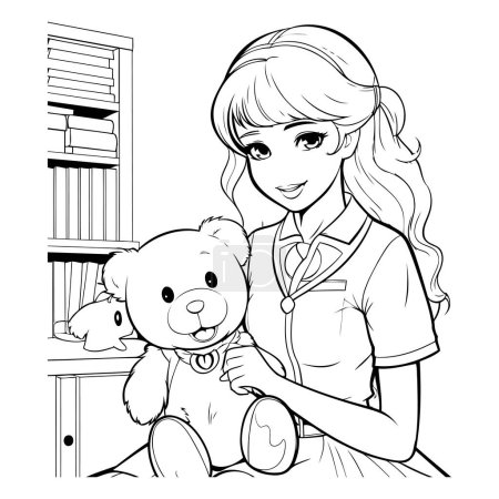 Téléchargez les illustrations : Illustration d'une infirmière et d'un ours en peluche - Livre à colorier - en licence libre de droit