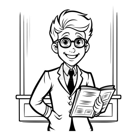 Ilustración de Profesor con un libro en sus manos. ilustración vectorial en blanco y negro - Imagen libre de derechos
