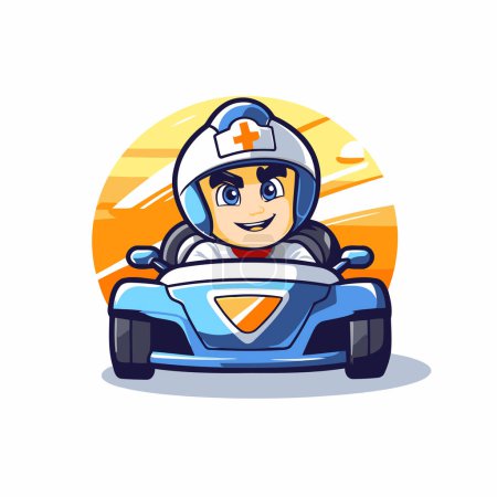Nette Cartoon-Kart-Fahrer-Figur auf einem Rennwagen. Vektorillustration.