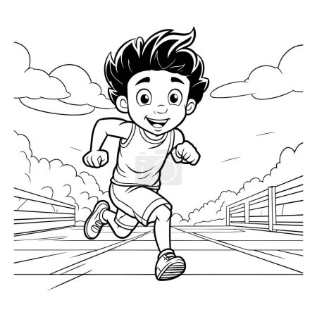 Illustration for Boy running on the road cartoon black and white vector illustration graphic design - Royalty Free Image
