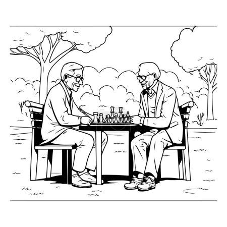 Téléchargez les illustrations : Couple de personnes âgées jouant aux échecs dans le parc. illustration vectorielle noir et blanc design graphique - en licence libre de droit
