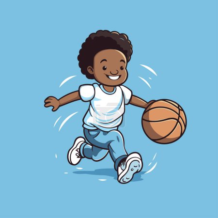 Téléchargez les illustrations : Illustration d'un petit garçon noir jouant au basket. Illustration vectorielle. - en licence libre de droit