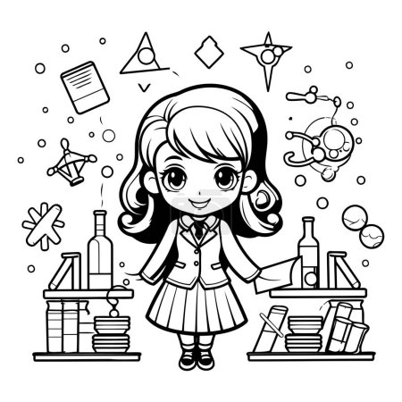 Illustration for Coloring book for children: girl in school uniform. Black and white vector illustration - Royalty Free Image