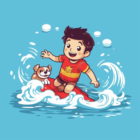 Illustration for Little boy riding on a surfboard with his dog. Vector illustration. - Royalty Free Image
