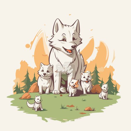 Téléchargez les illustrations : Illustration d'un groupe de chiens husky dans la forêt. - en licence libre de droit