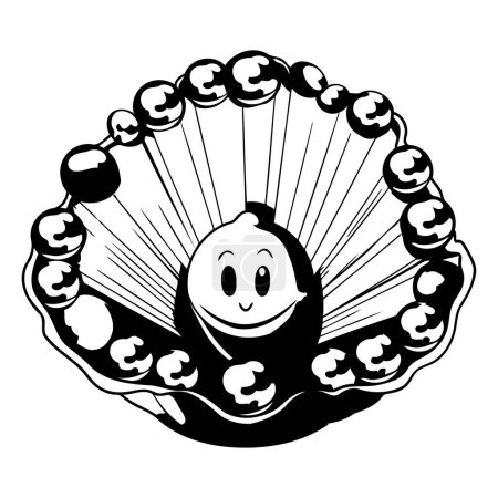 Téléchargez les illustrations : Illustration en noir et blanc d'un coquillage au visage souriant - en licence libre de droit