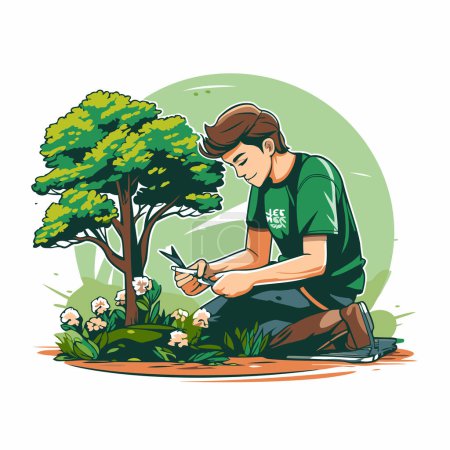 Téléchargez les illustrations : Jardinier travaillant dans le jardin. Illustration vectorielle dans le style dessin animé. - en licence libre de droit