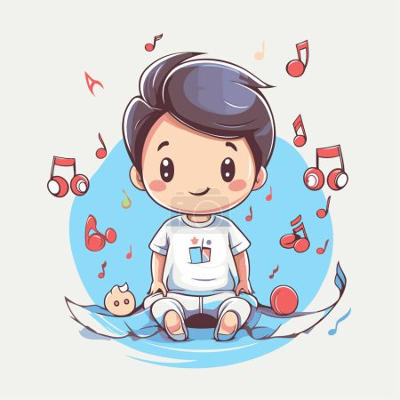 Illustration for Cute boy sitting on the floor and listening to music. Vector illustration. - Royalty Free Image