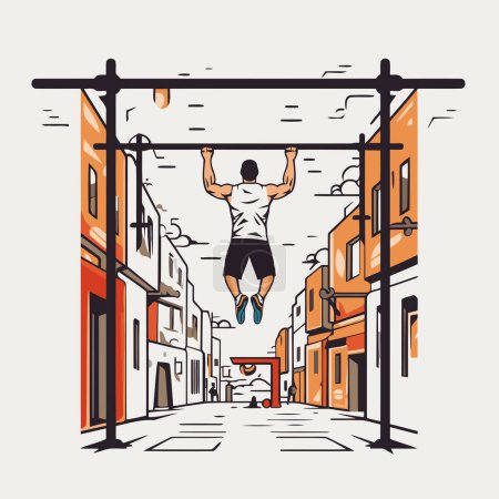 Illustration for Man doing pull-ups on the street. Vector illustration in vintage style. - Royalty Free Image